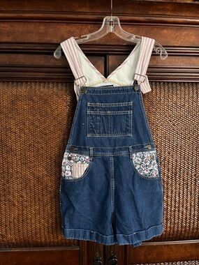 Dark Blue Denim Short Overalls with Floral Pocket Detail